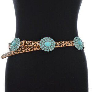 Western Turquoise Flower Concho Floral Leopard Animal Print Belt S/M by Tipi